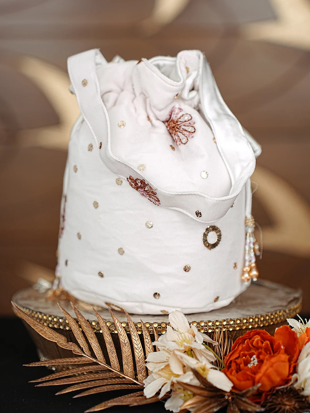 Ada Hand Embroidered White Viscose Georgette Lucknowi Chikankari Potli Bag With Muqaish Work 01A867164