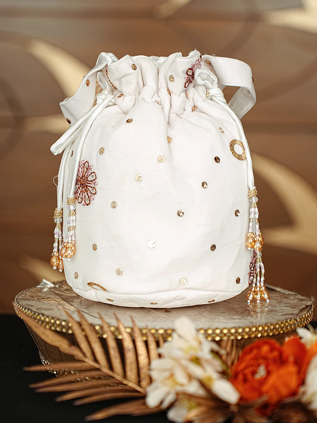 Ada Hand Embroidered White Viscose Georgette Lucknowi Chikankari Potli Bag With Muqaish Work 01A867164