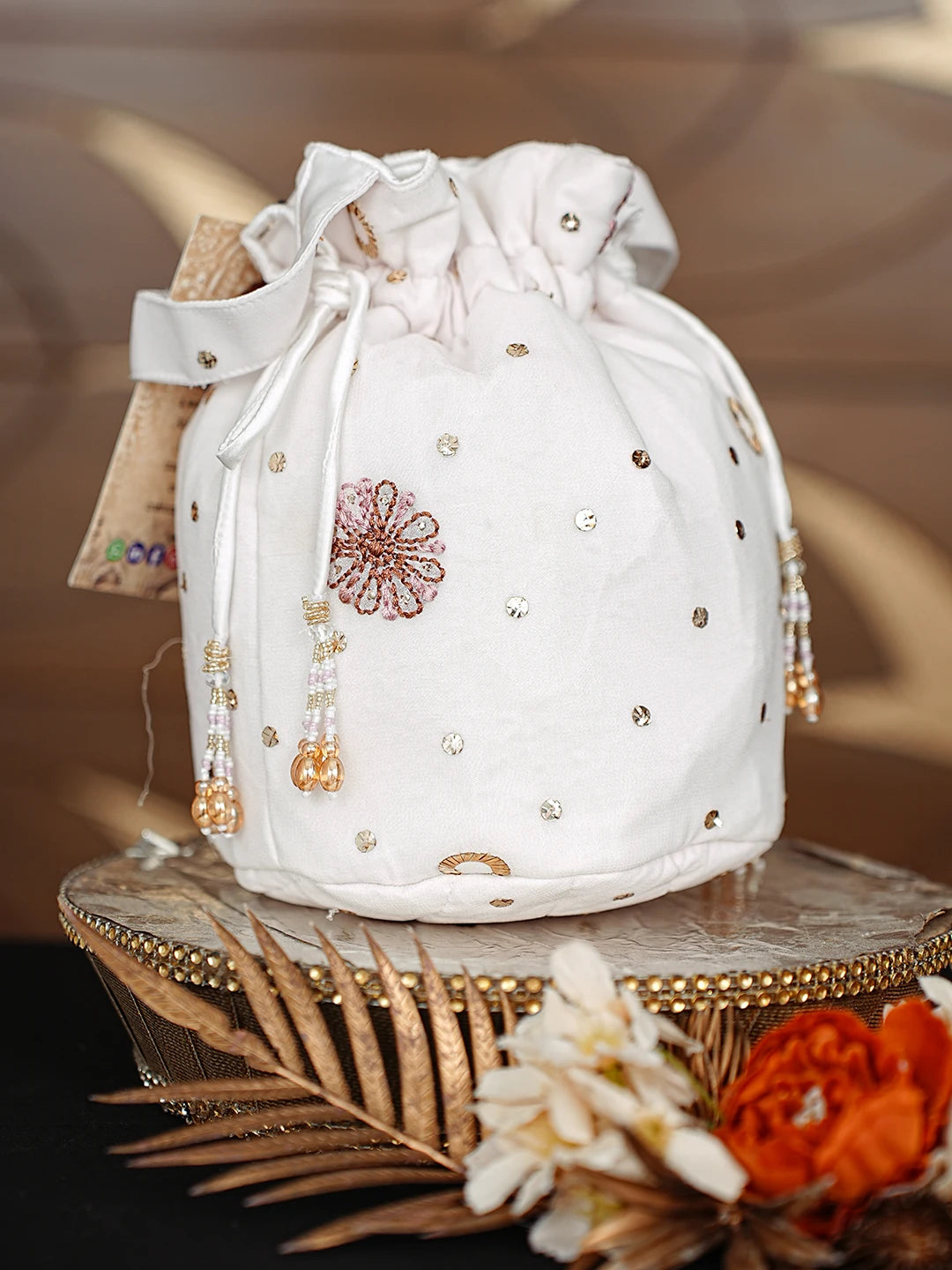 Ada Hand Embroidered White Viscose Georgette Lucknowi Chikankari Potli Bag With Muqaish Work 01A867164
