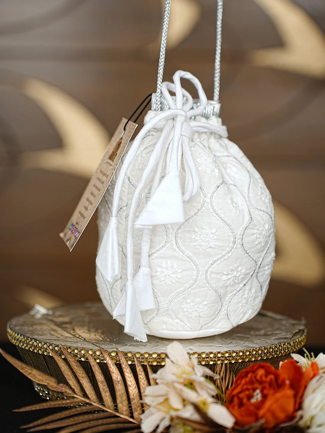 Ada Hand Embroidered White Cotton Lucknowi Chikankari Potli Bag With Zari Work 08A502796