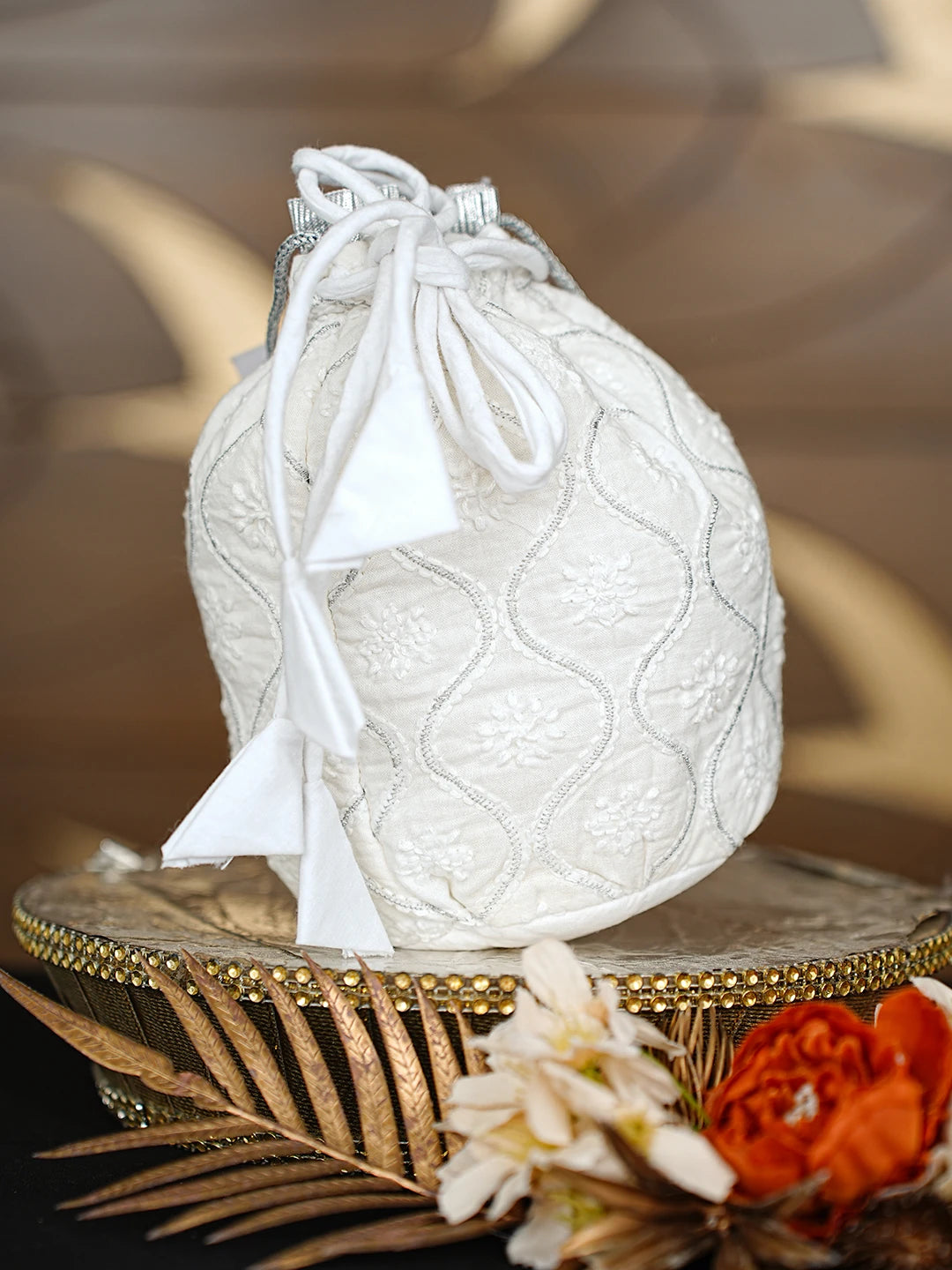 Ada Hand Embroidered White Cotton Lucknowi Chikankari Potli Bag With Zari Work 08A502796