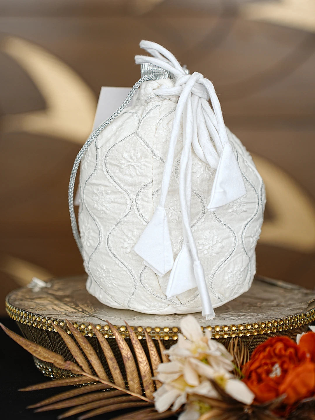Ada Hand Embroidered White Cotton Lucknowi Chikankari Potli Bag With Zari Work 08A502796