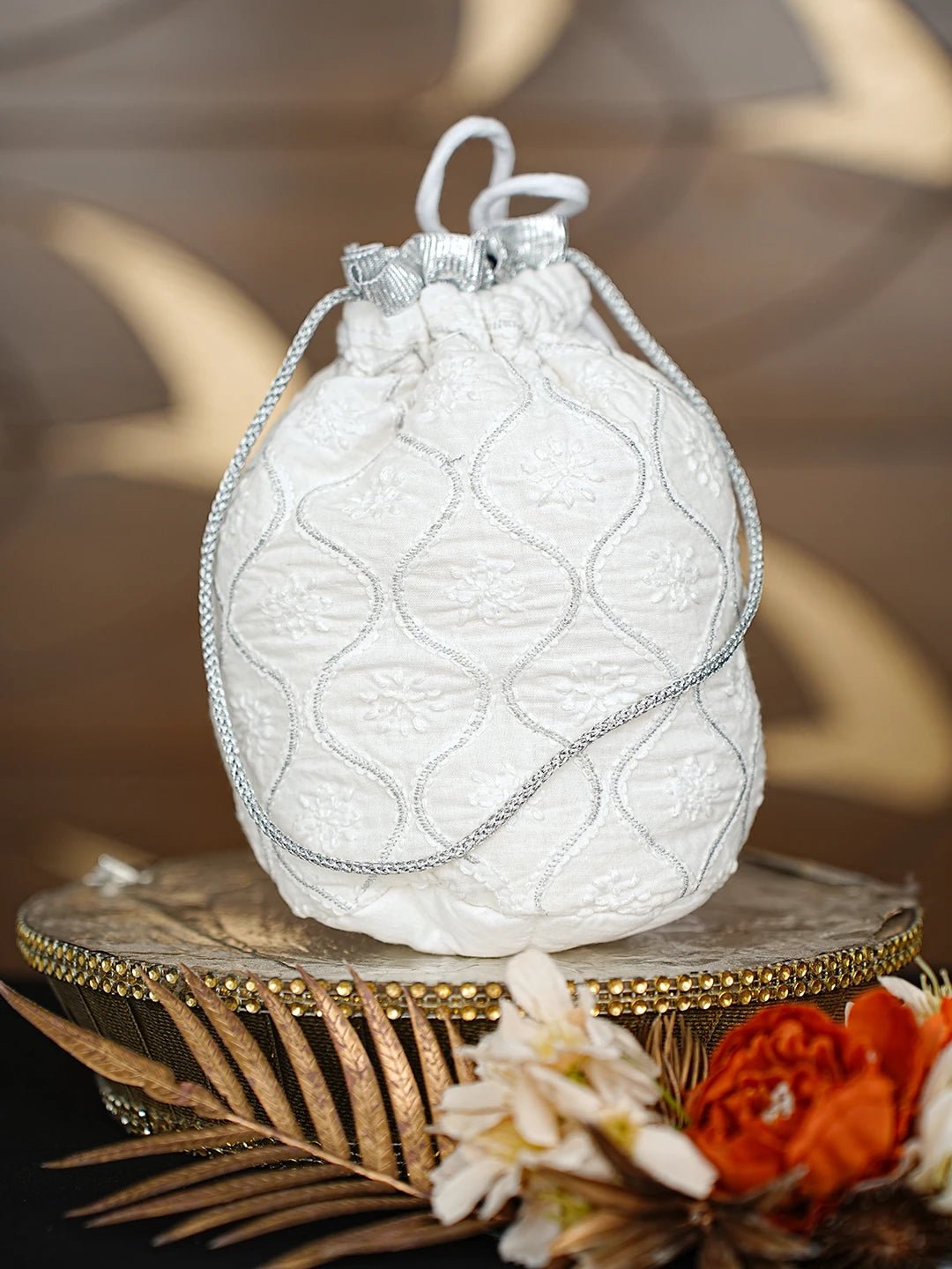 Ada Hand Embroidered White Cotton Lucknowi Chikankari Potli Bag With Zari Work 08A502796