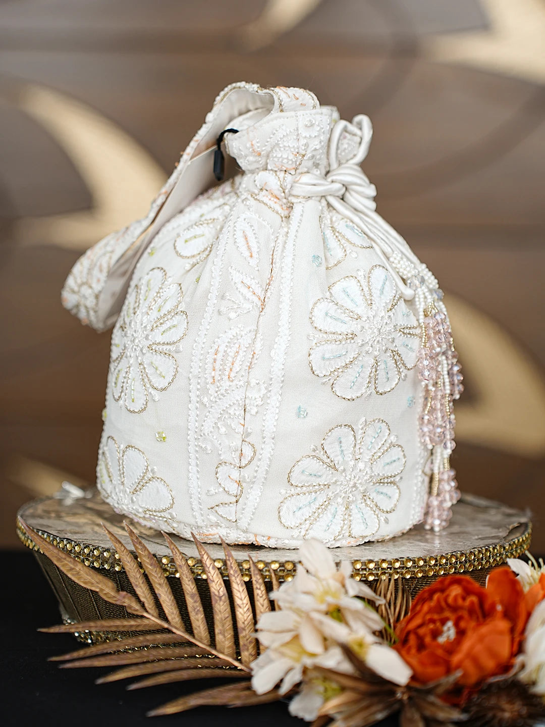 Ada Hand Embroidered White Pure Georgette Lucknowi Chikankari Potli Bag With Cutdana Work 01A856582