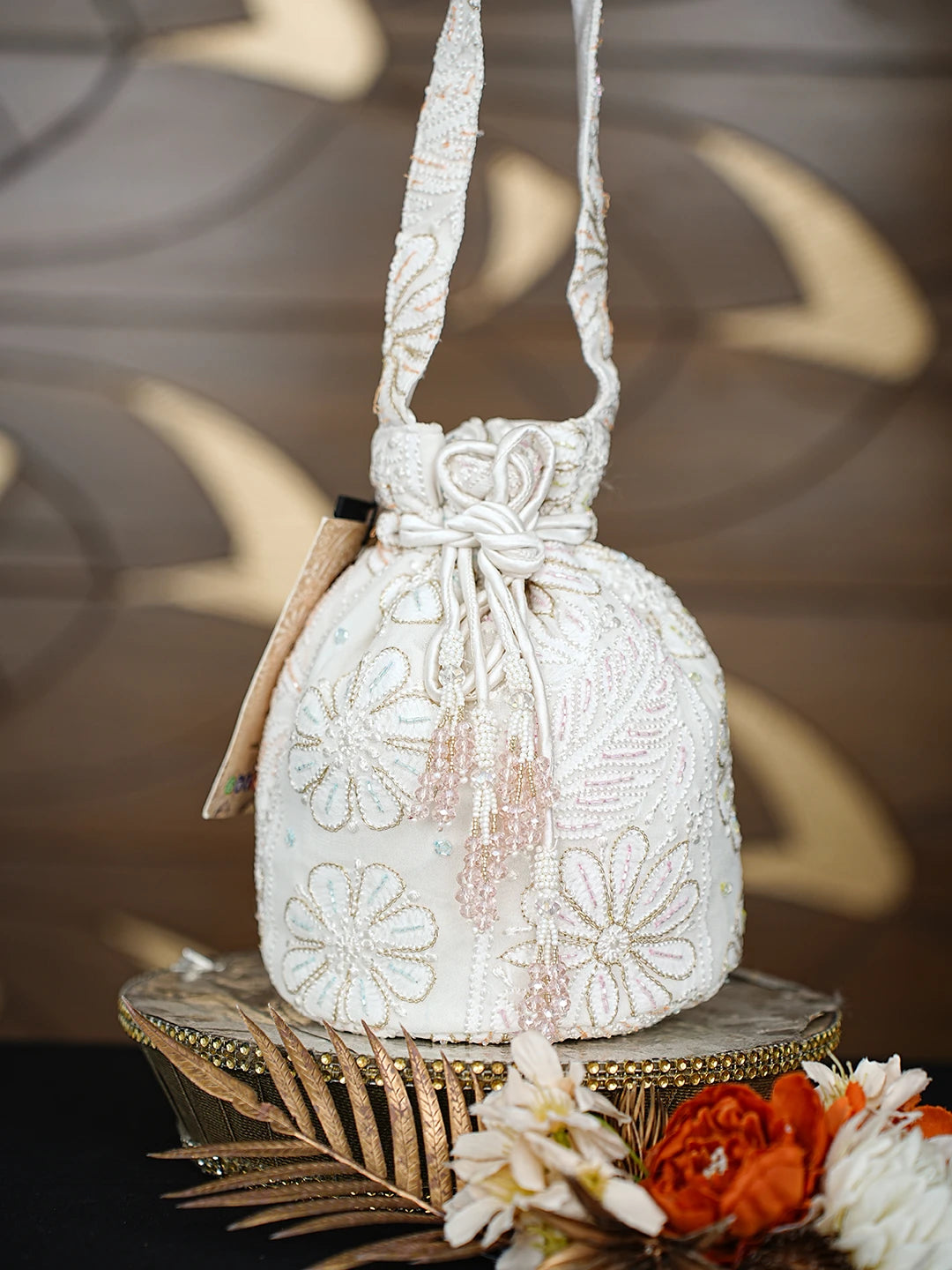Ada Hand Embroidered White Pure Georgette Lucknowi Chikankari Potli Bag With Cutdana Work 01A856582