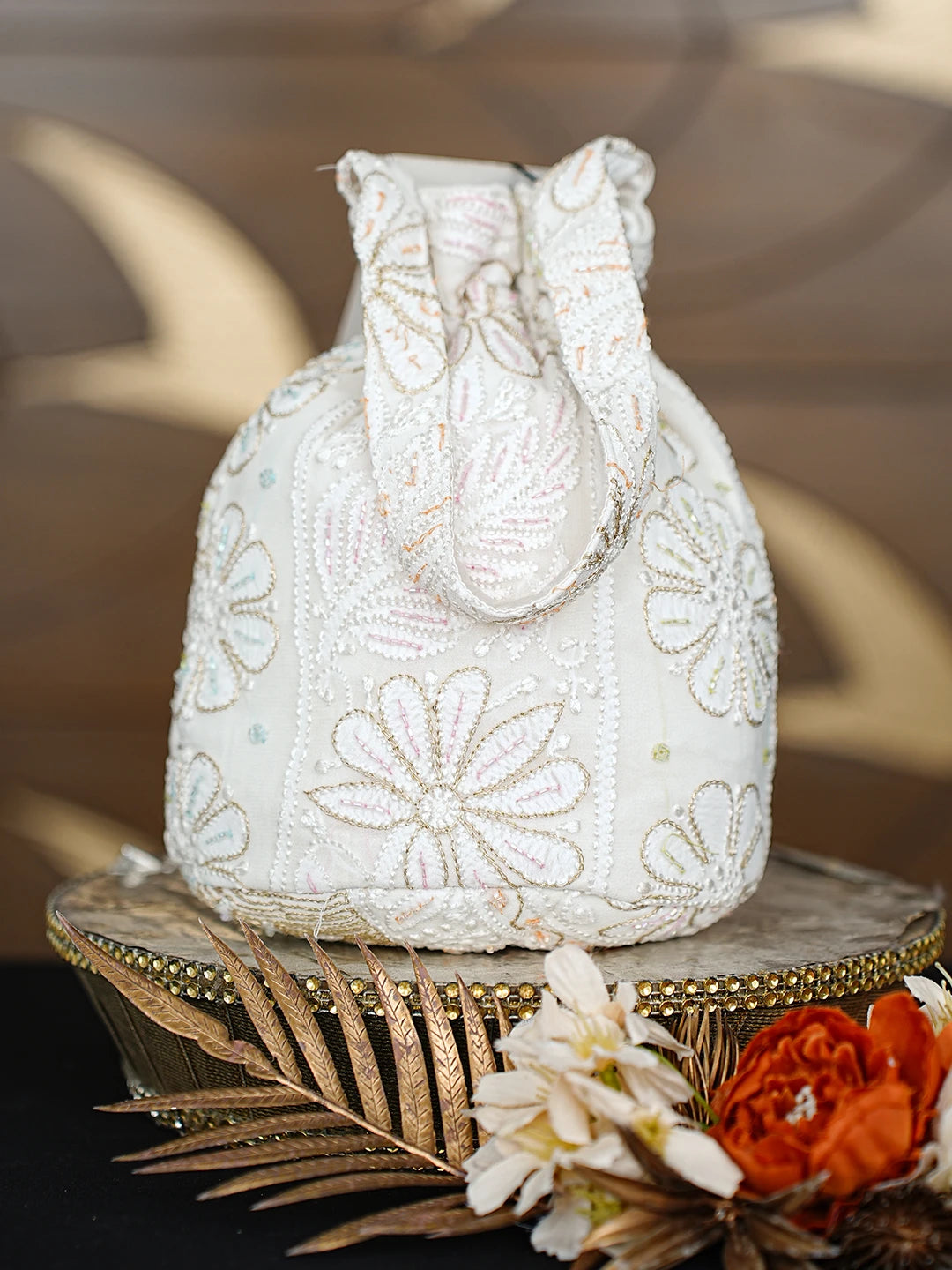 Ada Hand Embroidered White Pure Georgette Lucknowi Chikankari Potli Bag With Cutdana Work 01A856582