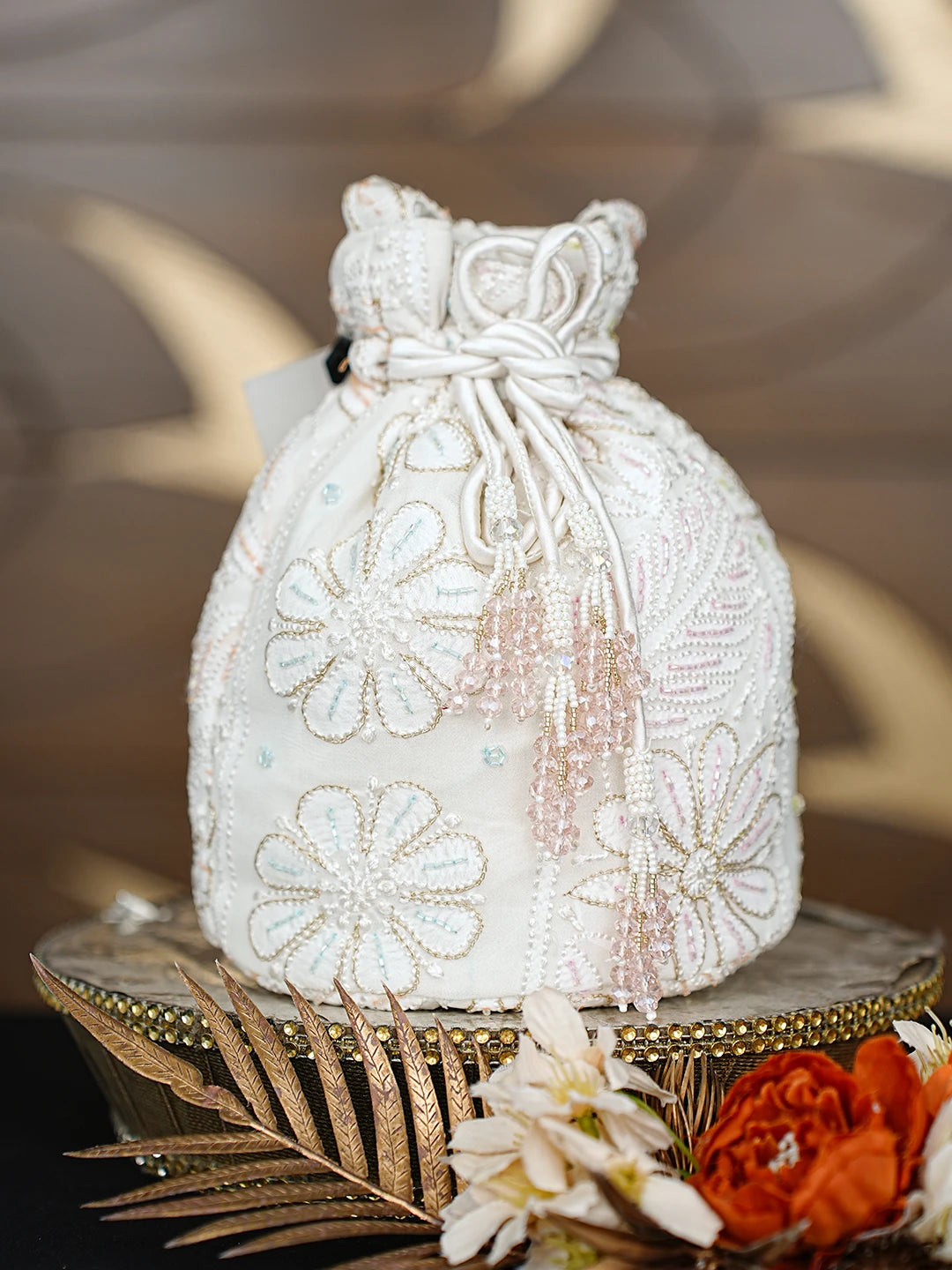 Ada Hand Embroidered White Pure Georgette Lucknowi Chikankari Potli Bag With Cutdana Work 01A856582