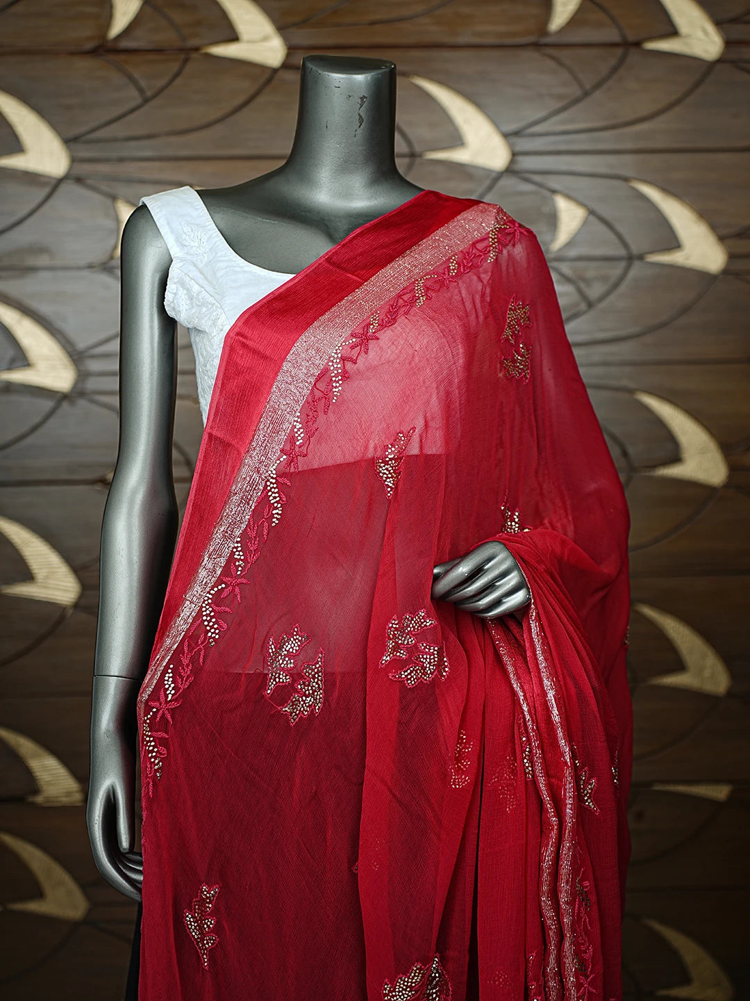 Ada Hand Embroidered Carmine Red Chiffon Lucknowi Chikankari Dupatta With Mukaish Work 01A620260