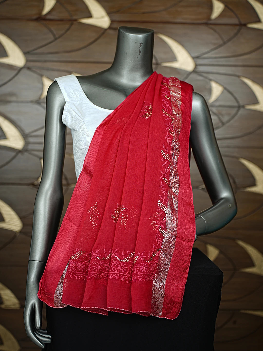 Ada Hand Embroidered Carmine Red Chiffon Lucknowi Chikankari Dupatta With Mukaish Work 01A620260