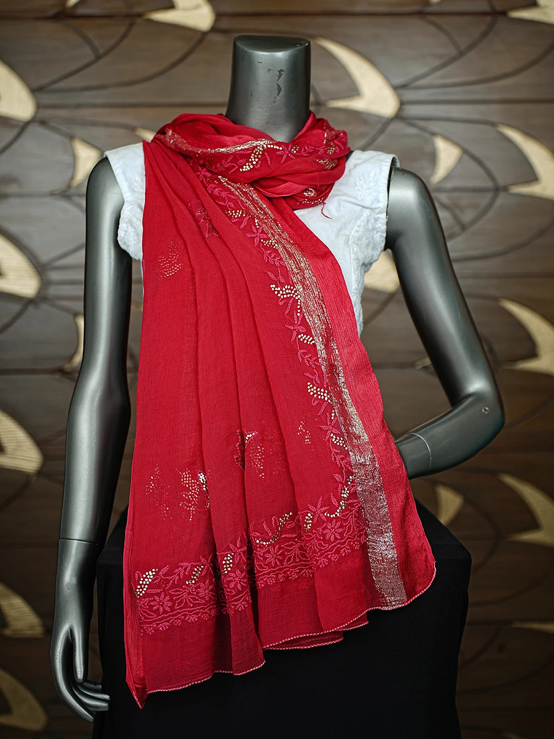 Ada Hand Embroidered Carmine Red Chiffon Lucknowi Chikankari Dupatta With Mukaish Work 01A620260