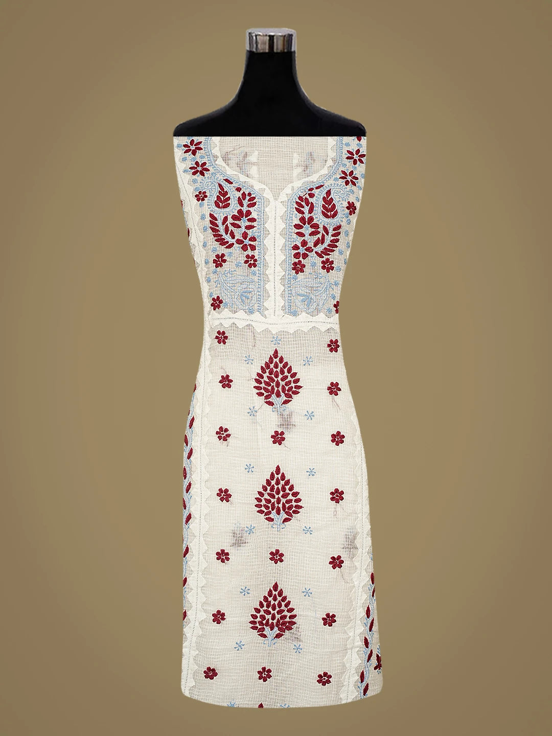 Ada Hand Embroidered White Kota Lucknowi Chikankari Unstitched Kurta Dupatta Set 01A754548