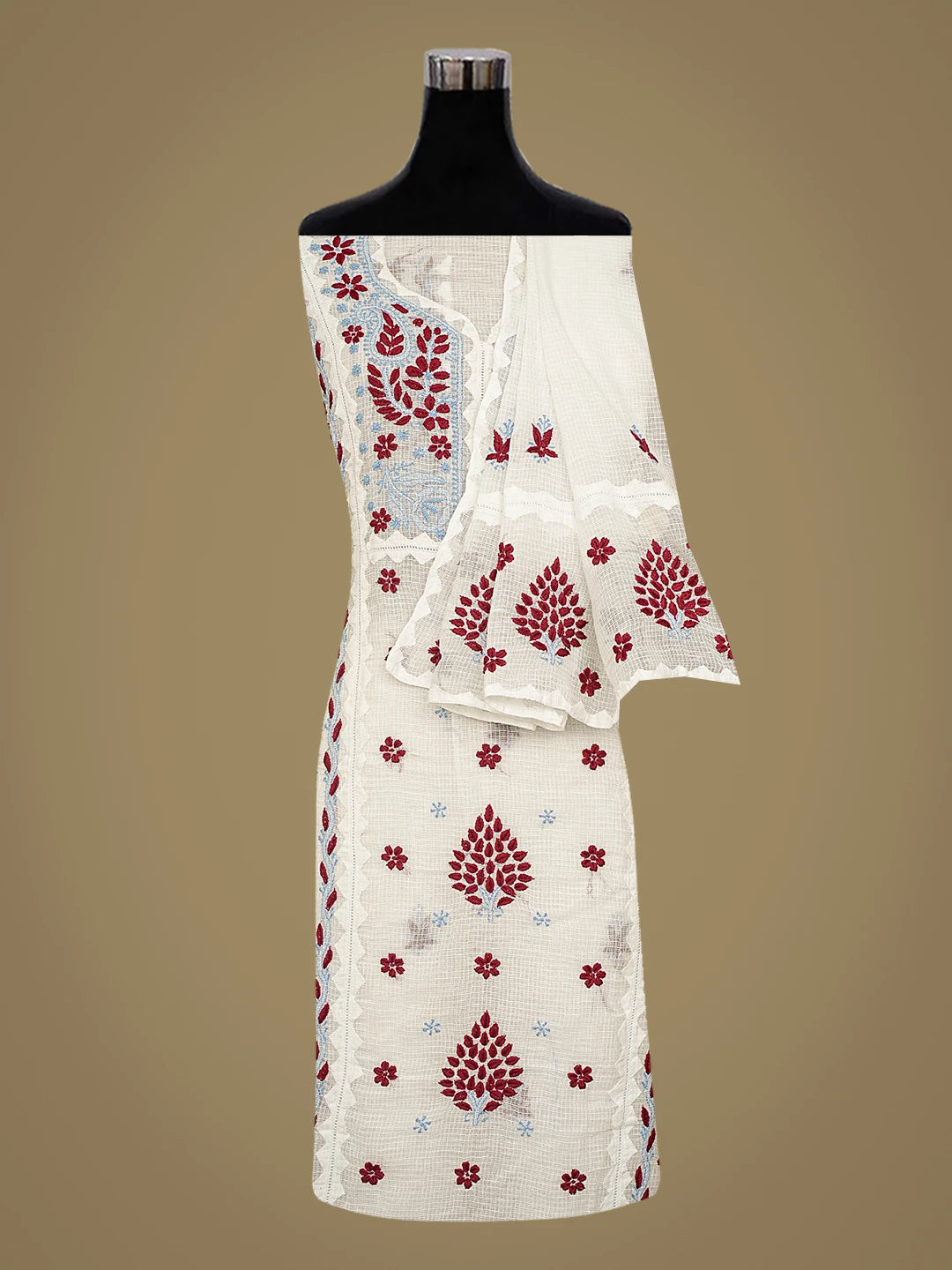 Ada Hand Embroidered White Kota Lucknowi Chikankari Unstitched Kurta Dupatta Set 01A754548