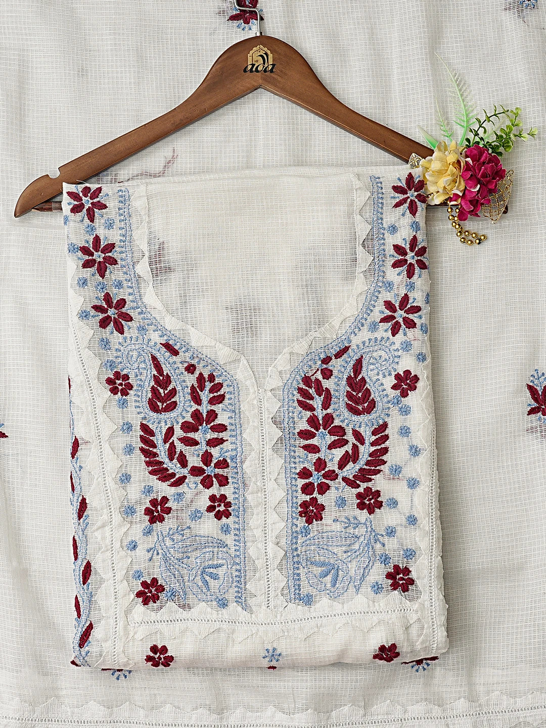 Ada Hand Embroidered White Kota Lucknowi Chikankari Unstitched Kurta Dupatta Set 01A754548
