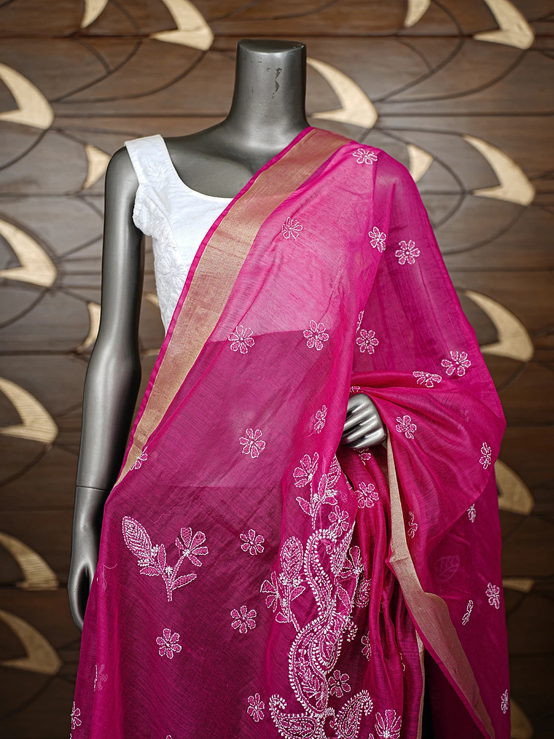 Ada Hand Embroidered Magenta Chanderi Lucknowi Chikankari Dupatta 01A837573