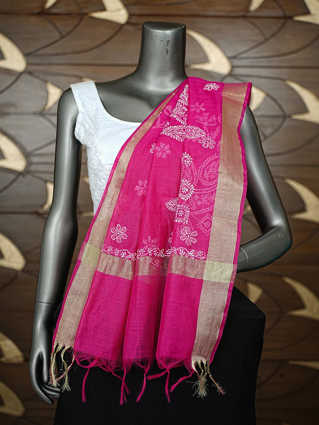 Ada Hand Embroidered Magenta Chanderi Lucknowi Chikankari Dupatta 01A837573