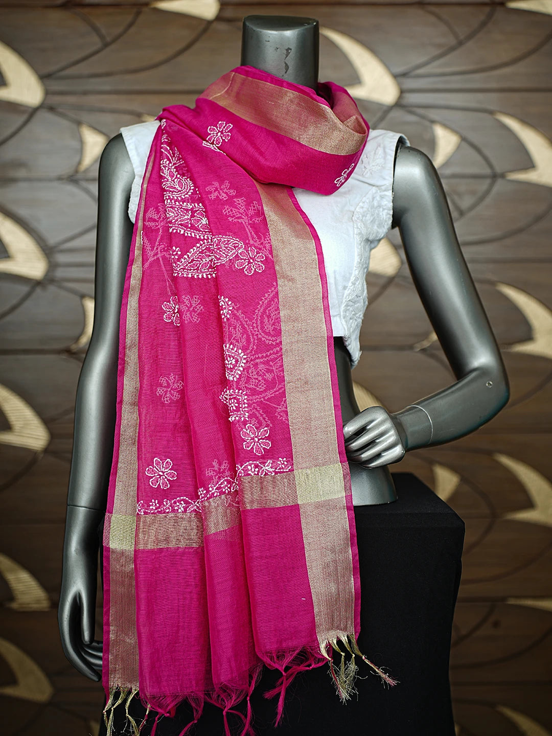 Ada Hand Embroidered Magenta Chanderi Lucknowi Chikankari Dupatta 01A837573