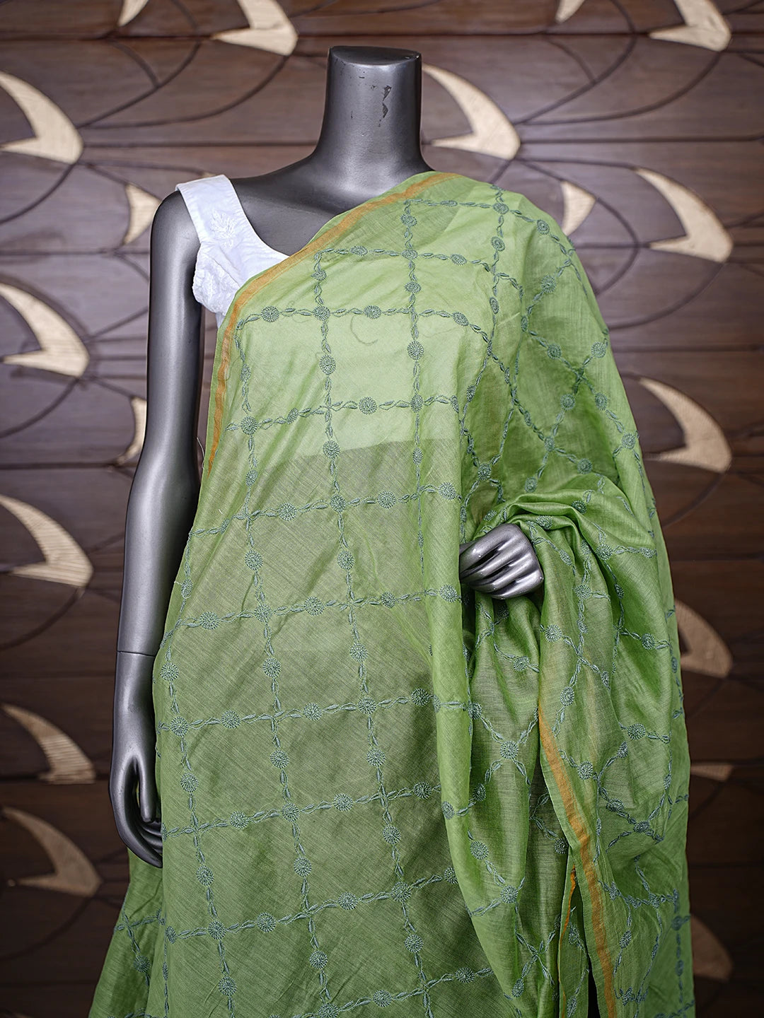 Ada Hand Embroidered Green Chanderi Lucknowi Chikankari Dupatta 01A858592