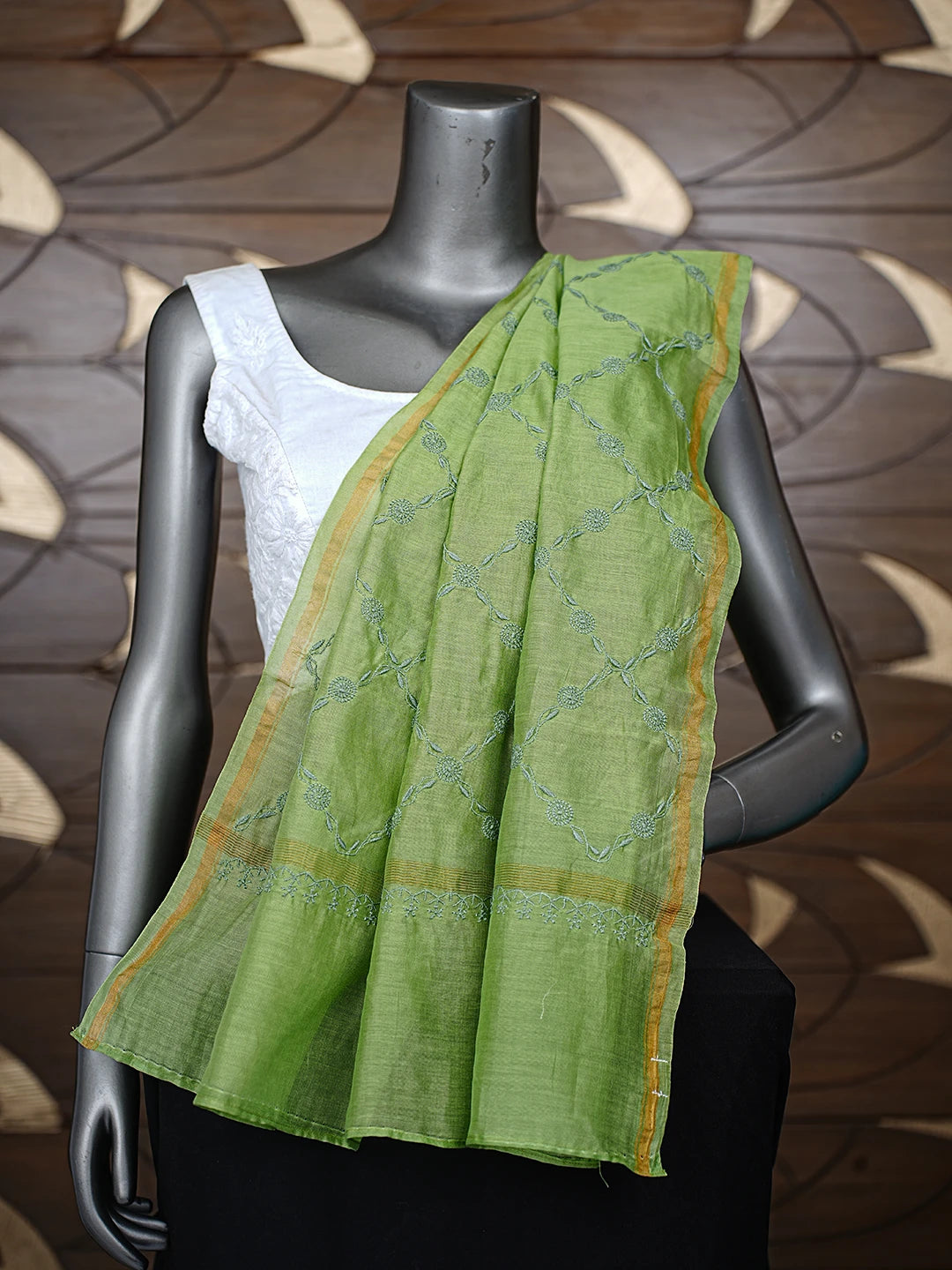 Ada Hand Embroidered Green Chanderi Lucknowi Chikankari Dupatta 01A858592