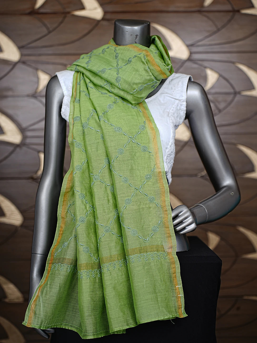 Ada Hand Embroidered Green Chanderi Lucknowi Chikankari Dupatta 01A858592