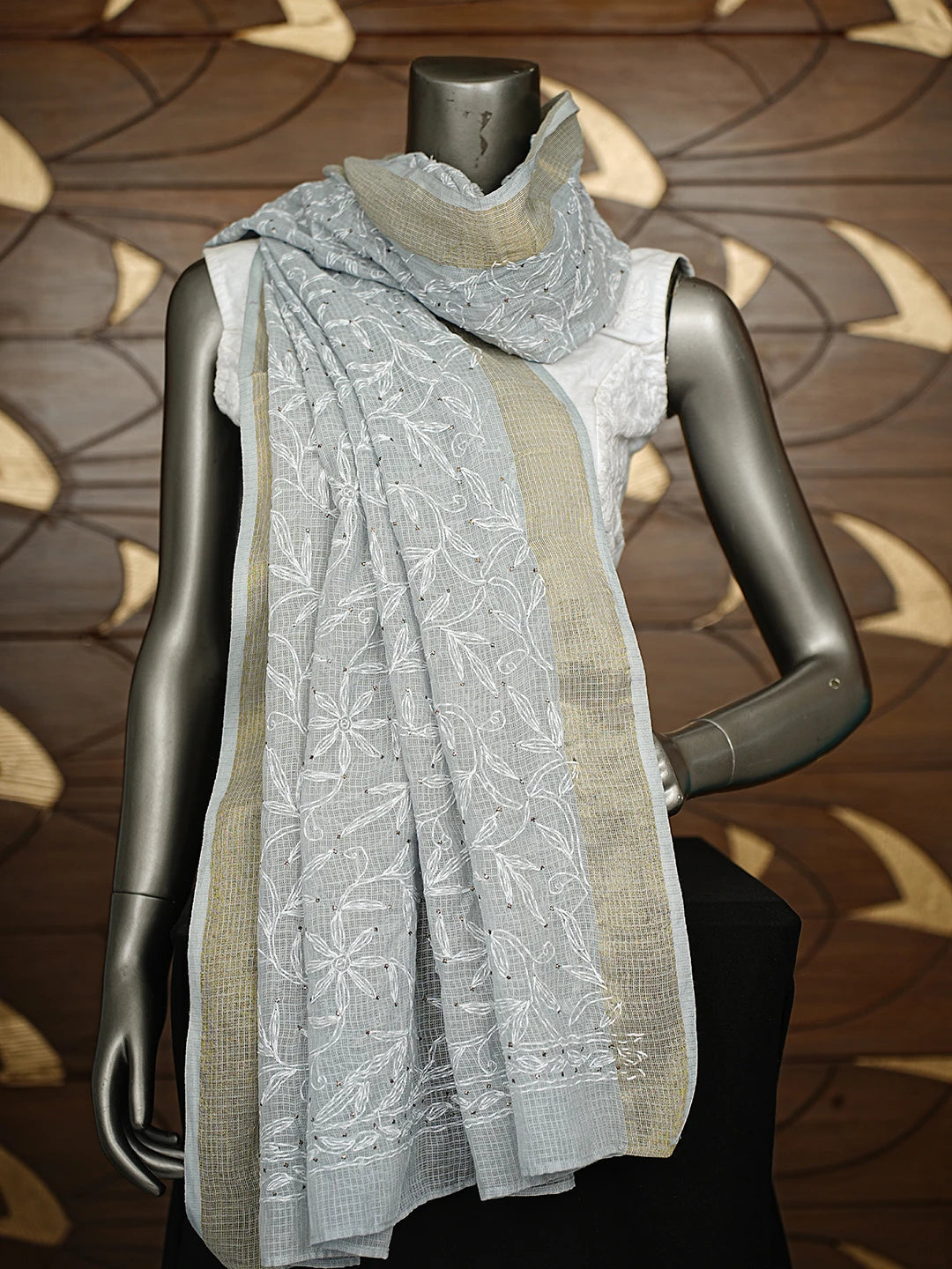 Ada Hand Embroidered Grey Kota Lucknowi Chikankari Dupatta With Mukaish Work 01A751459
