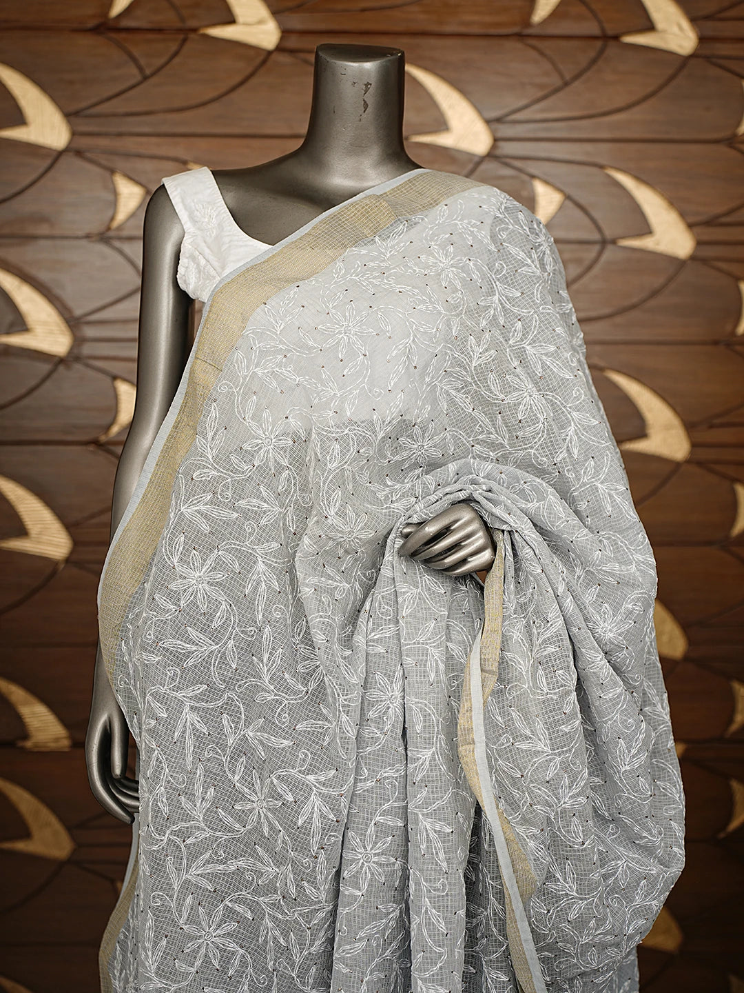 Ada Hand Embroidered Grey Kota Lucknowi Chikankari Dupatta With Mukaish Work 01A751459