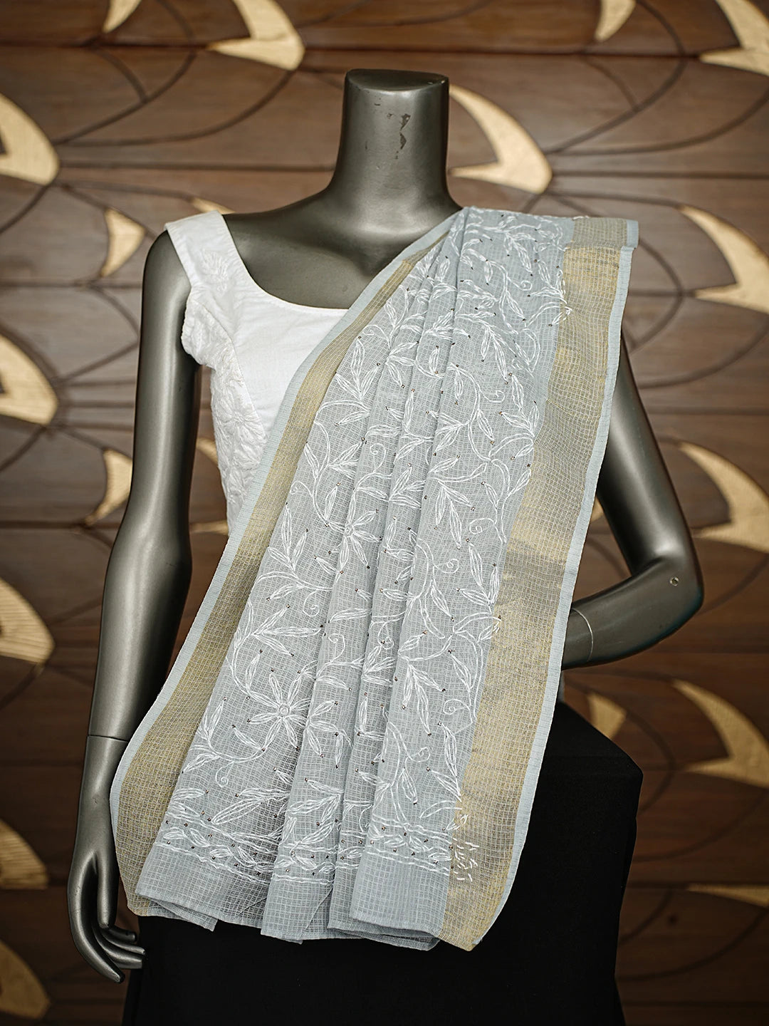 Ada Hand Embroidered Grey Kota Lucknowi Chikankari Dupatta With Mukaish Work 01A751459