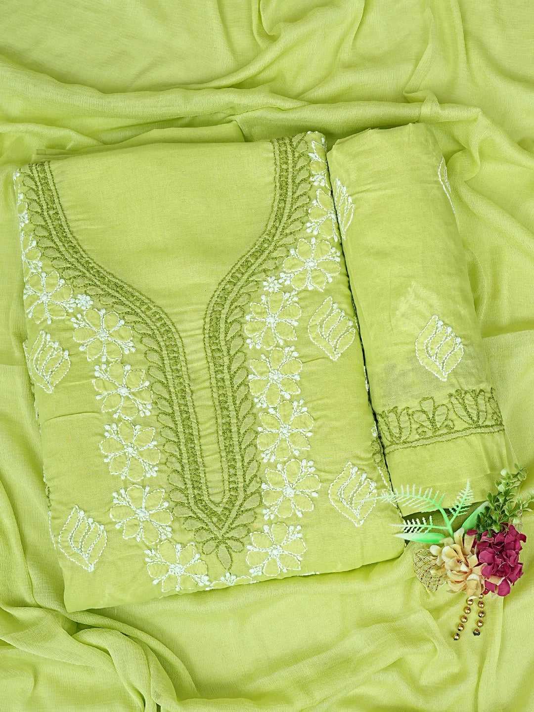 Ada Hand Embroidered Green Cotton Lucknowi Chikankari Unstitched Suit Piece 01A873290