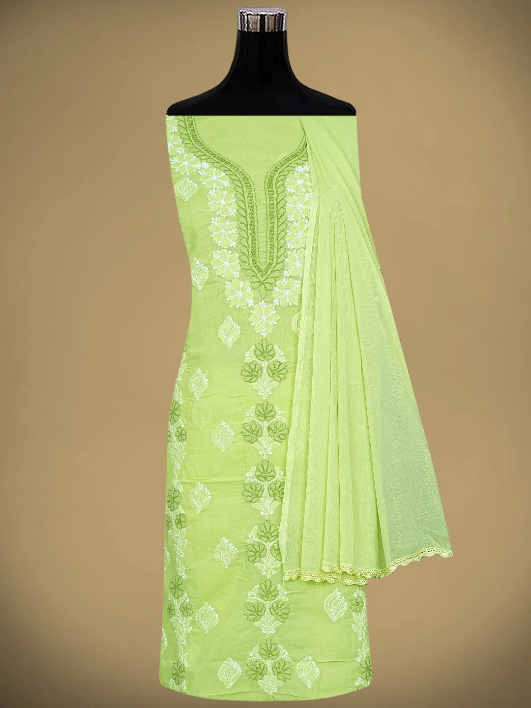 Ada Hand Embroidered Green Cotton Lucknowi Chikankari Unstitched Suit Piece 01A873290