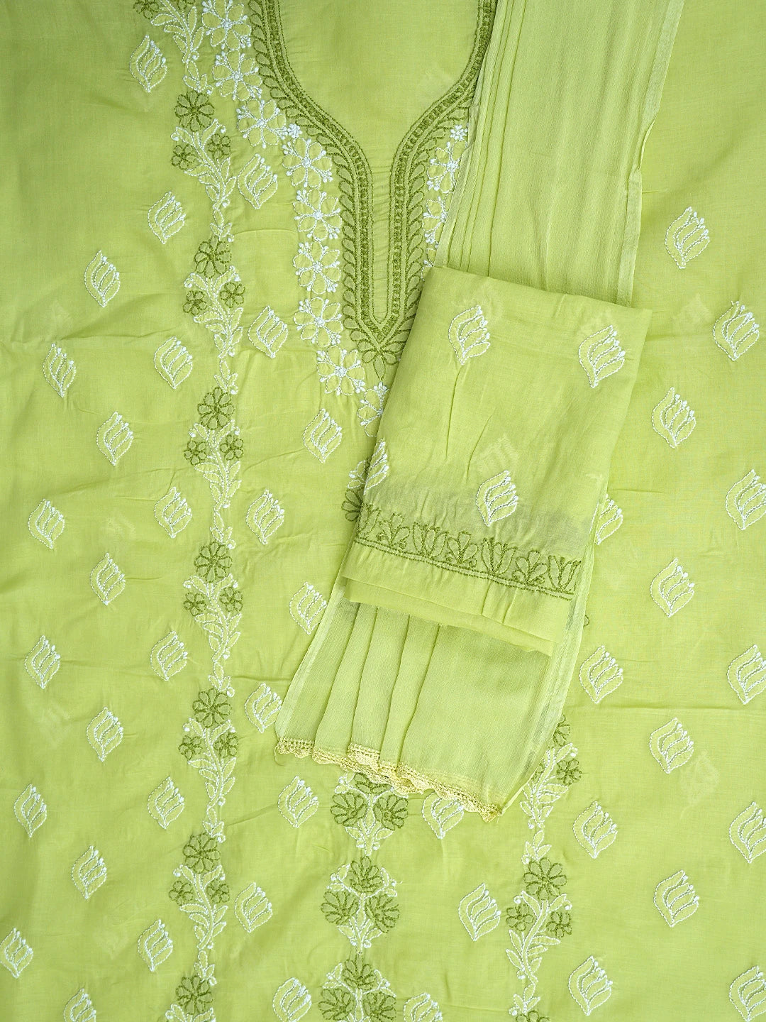 Ada Hand Embroidered Green Cotton Lucknowi Chikankari Unstitched Suit Piece 01A873290