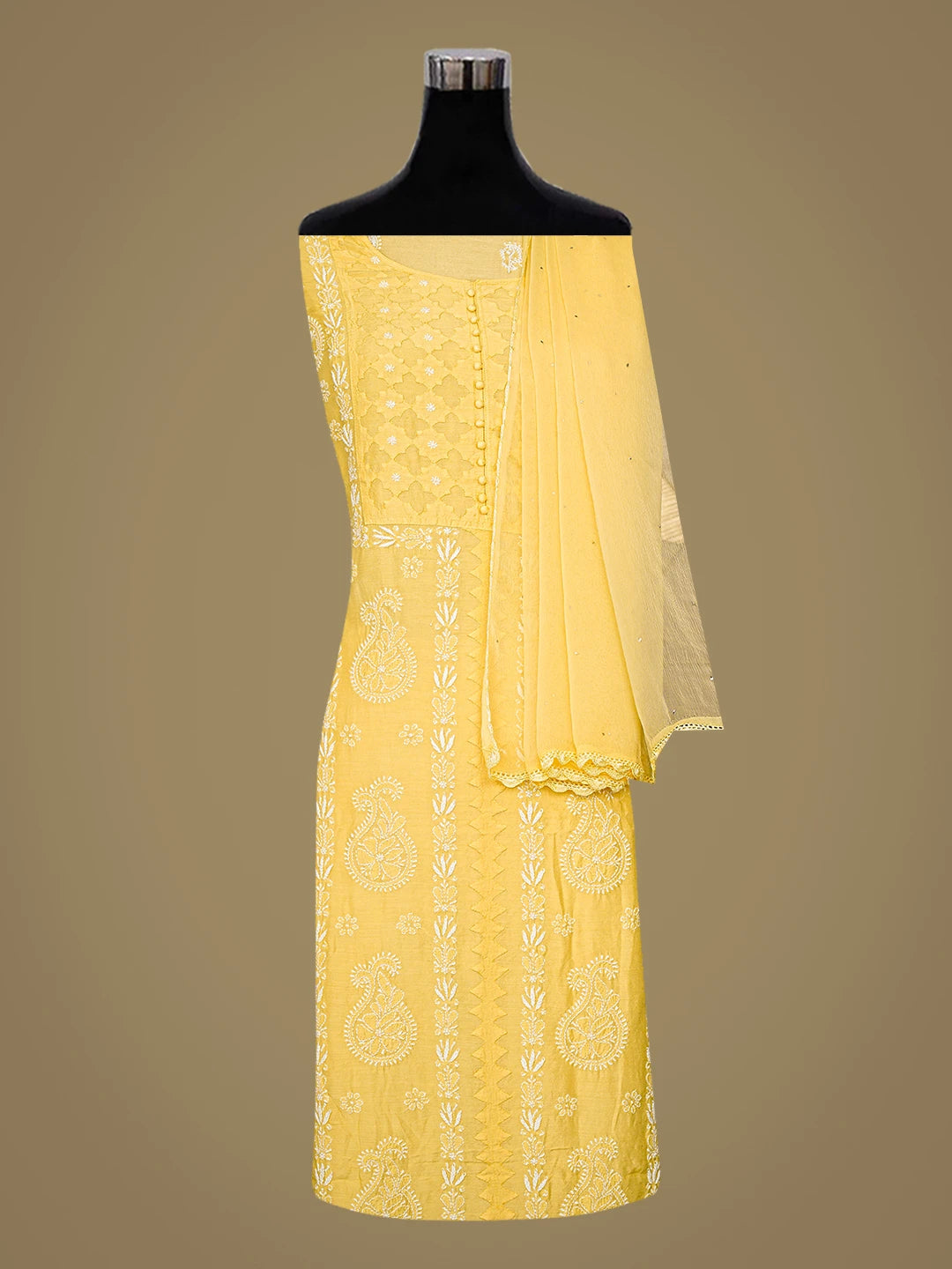 Ada Hand Embroidered Yellow Muslin Lucknowi Chikankari Semi-Stitched Suit Piece With Muqaish Work 01A853353