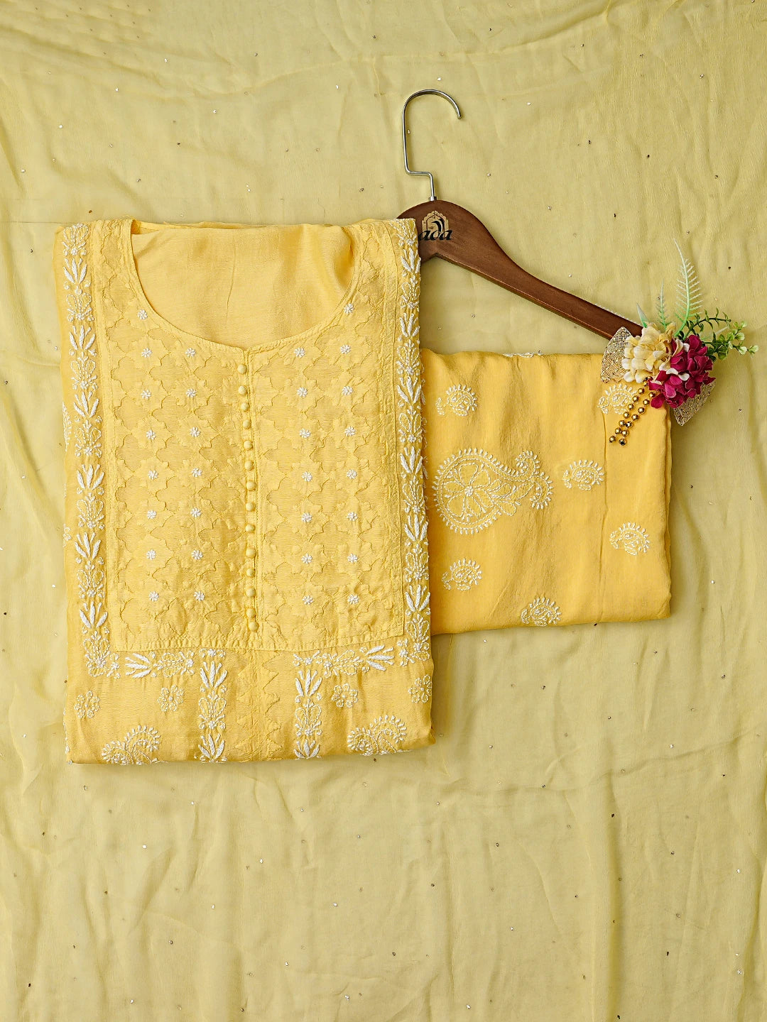 Ada Hand Embroidered Yellow Muslin Lucknowi Chikankari Semi-Stitched Suit Piece With Muqaish Work 01A853353