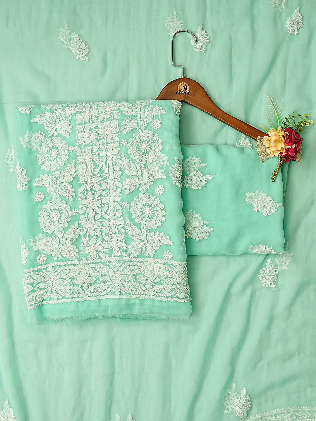 Ada Hand Embroidered Sea Green Georgette Lucknowi Chikankari Unstitched Suit Piece 01A843486