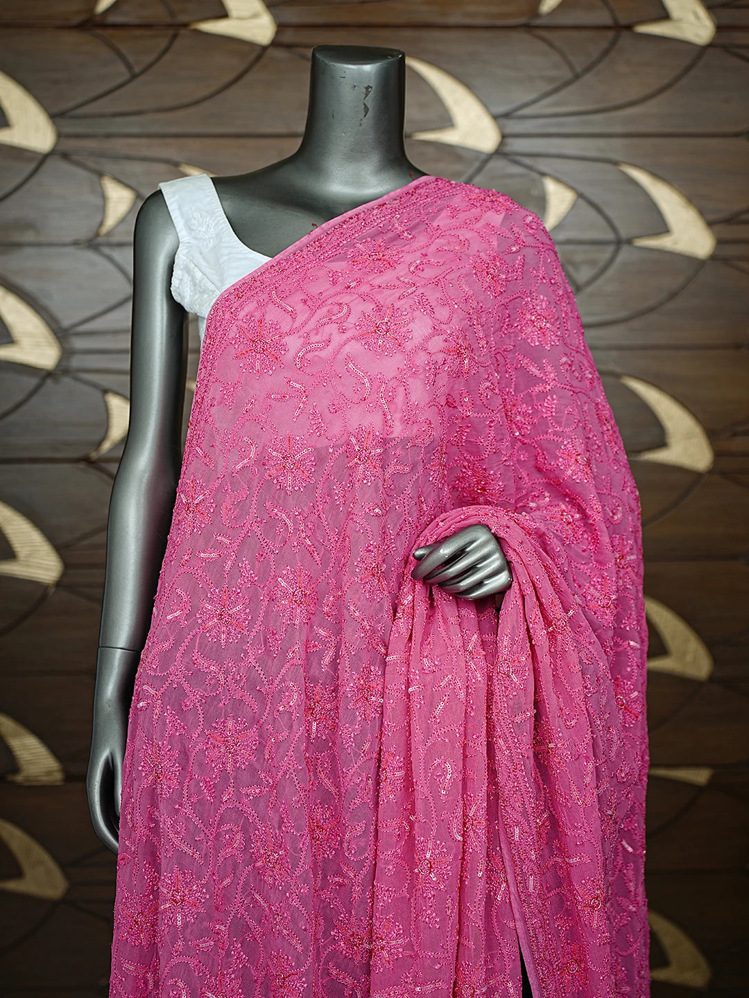 Ada Hand Embroidered Cerise Pink Viscose Georgette Lucknowi Chikankari Dupatta With Sequinned Work 01A373395