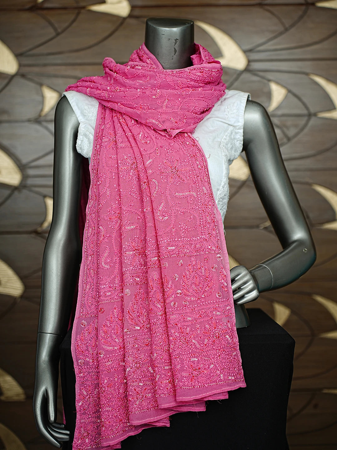Ada Hand Embroidered Cerise Pink Viscose Georgette Lucknowi Chikankari Dupatta With Sequinned Work 01A373395