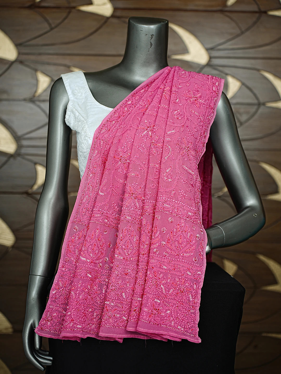 Ada Hand Embroidered Cerise Pink Viscose Georgette Lucknowi Chikankari Dupatta With Sequinned Work 01A373395