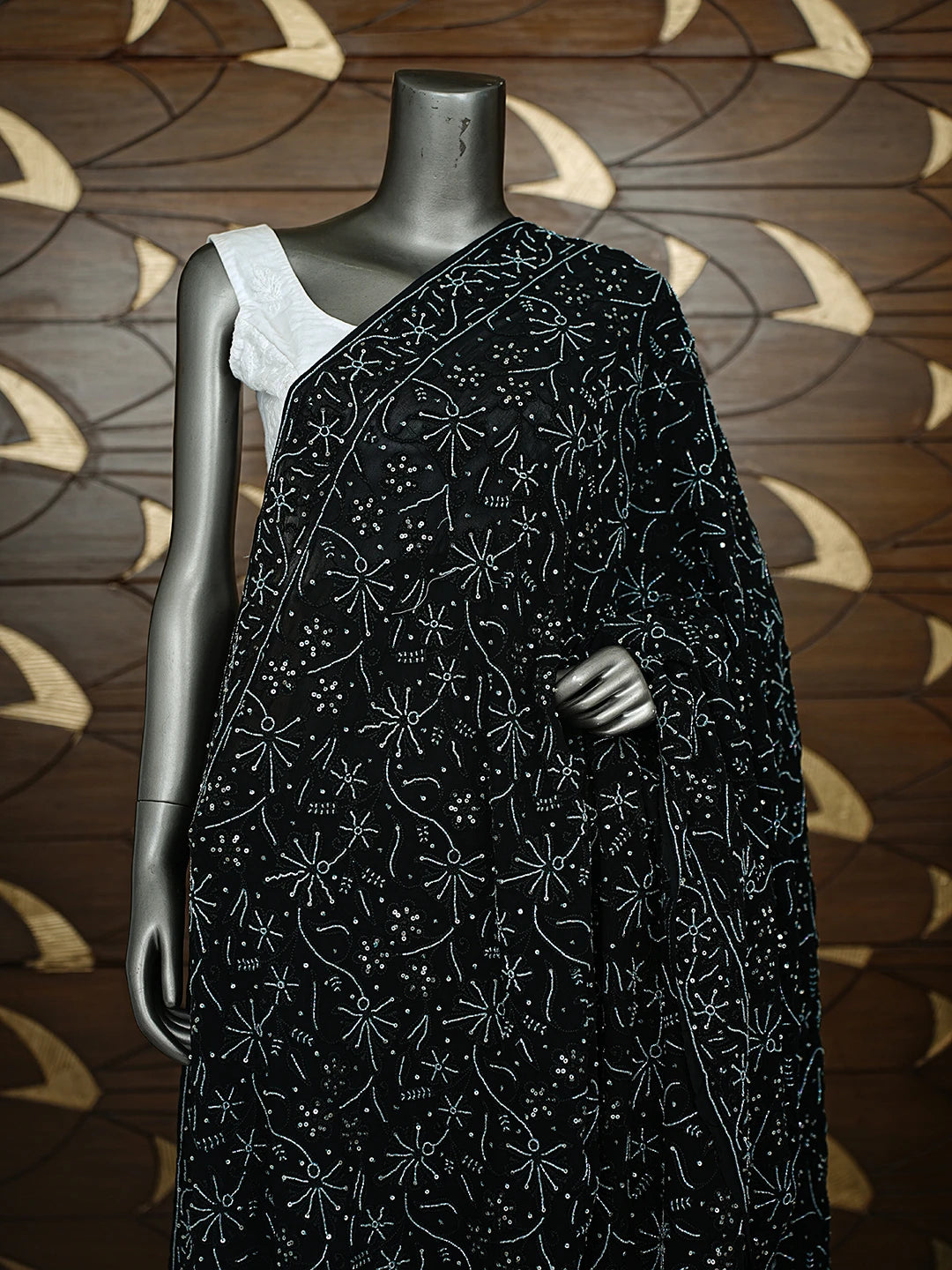 Ada Hand Embroidered Black Viscose Georgette Lucknowi Chikankari Dupatta With Cutdana Work 01A404856