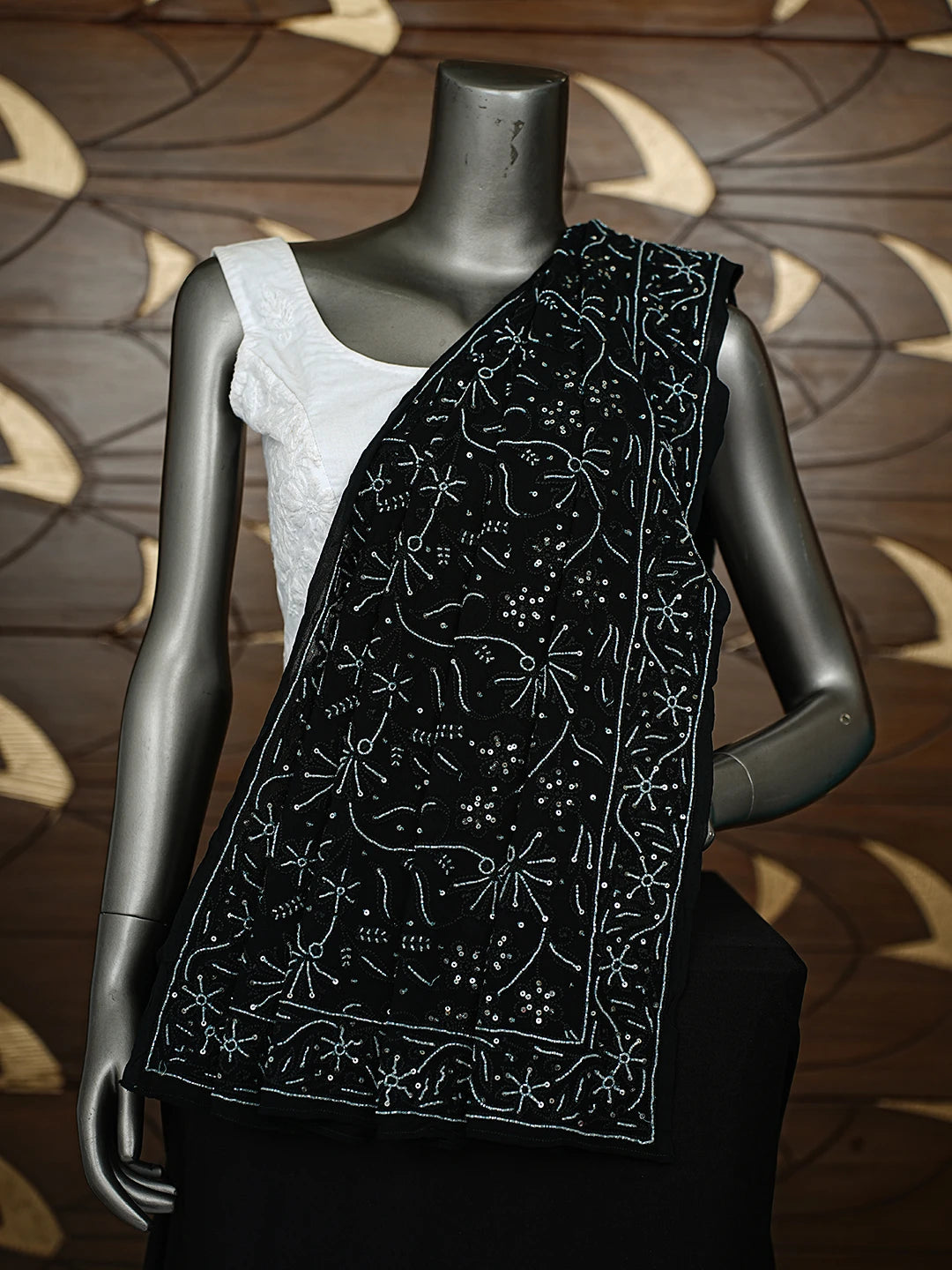 Ada Hand Embroidered Black Viscose Georgette Lucknowi Chikankari Dupatta With Cutdana Work 01A404856