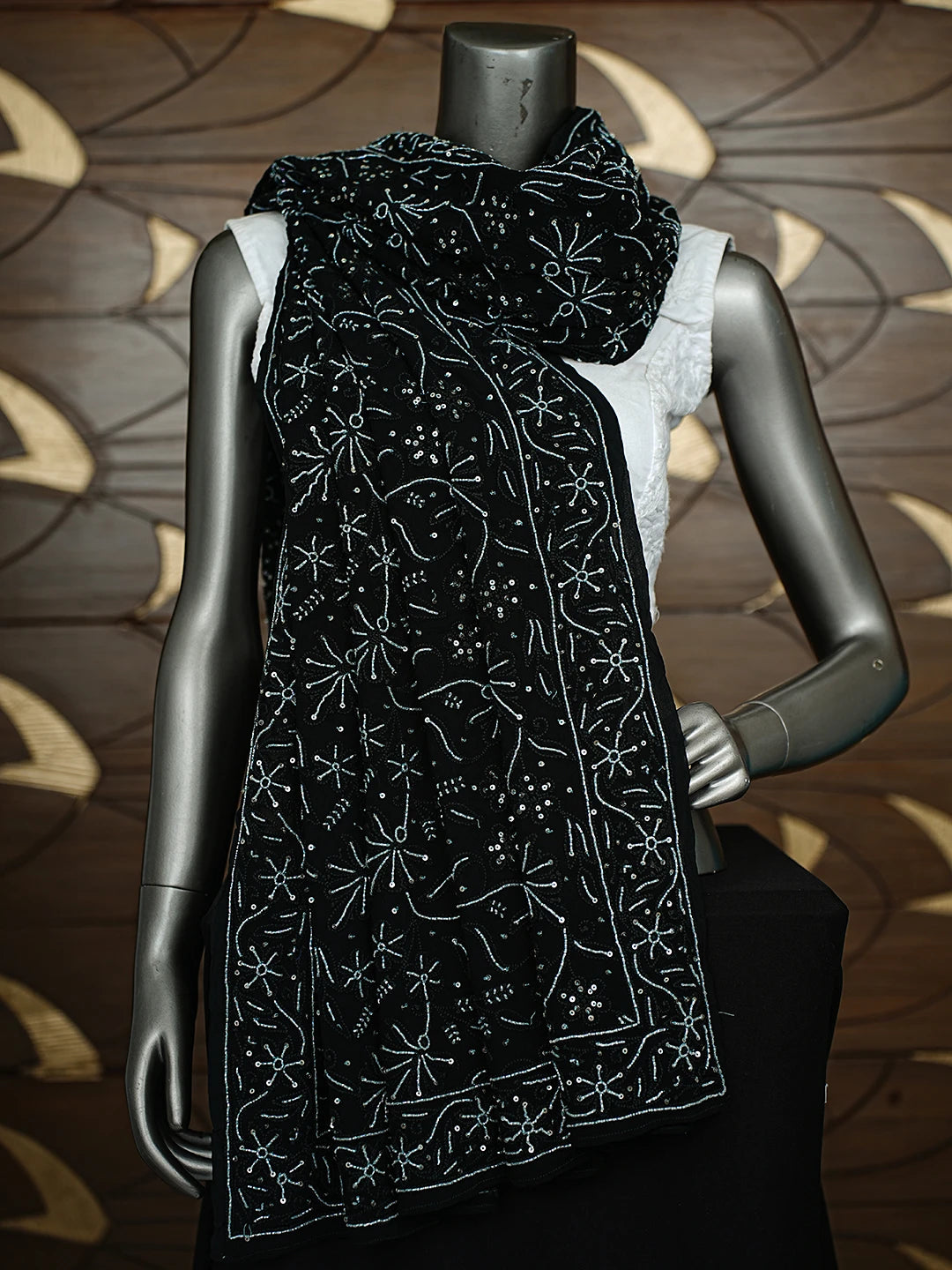Ada Hand Embroidered Black Viscose Georgette Lucknowi Chikankari Dupatta With Cutdana Work 01A404856