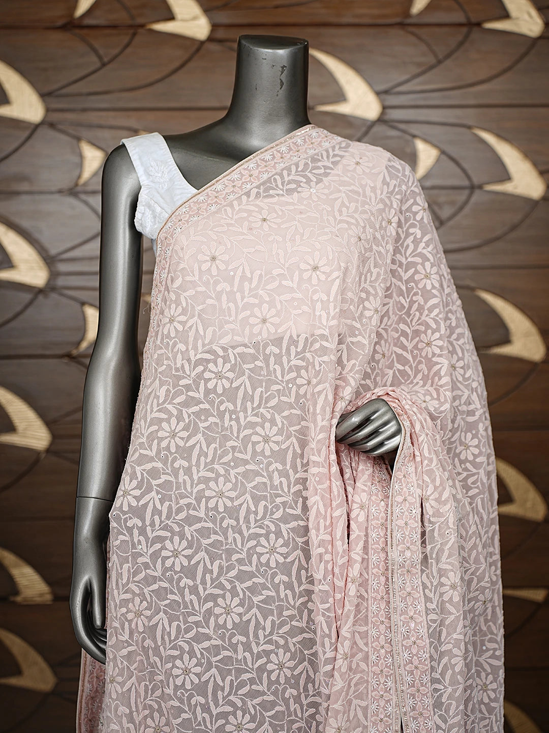 Ada Hand Embroidered Light Peach Chiffon Lucknowi Chikankari Dupatta With Zari Work A575126