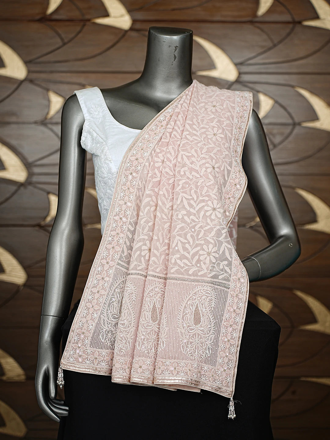 Ada Hand Embroidered Light Peach Chiffon Lucknowi Chikankari Dupatta With Zari Work A575126