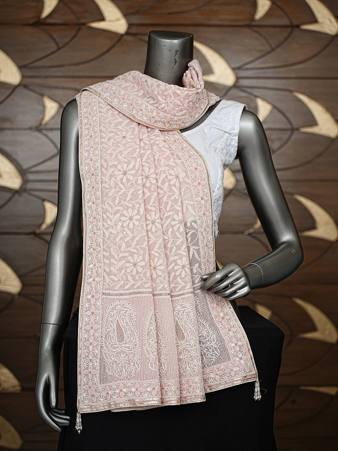 Ada Hand Embroidered Light Peach Chiffon Lucknowi Chikankari Dupatta With Zari Work A575126