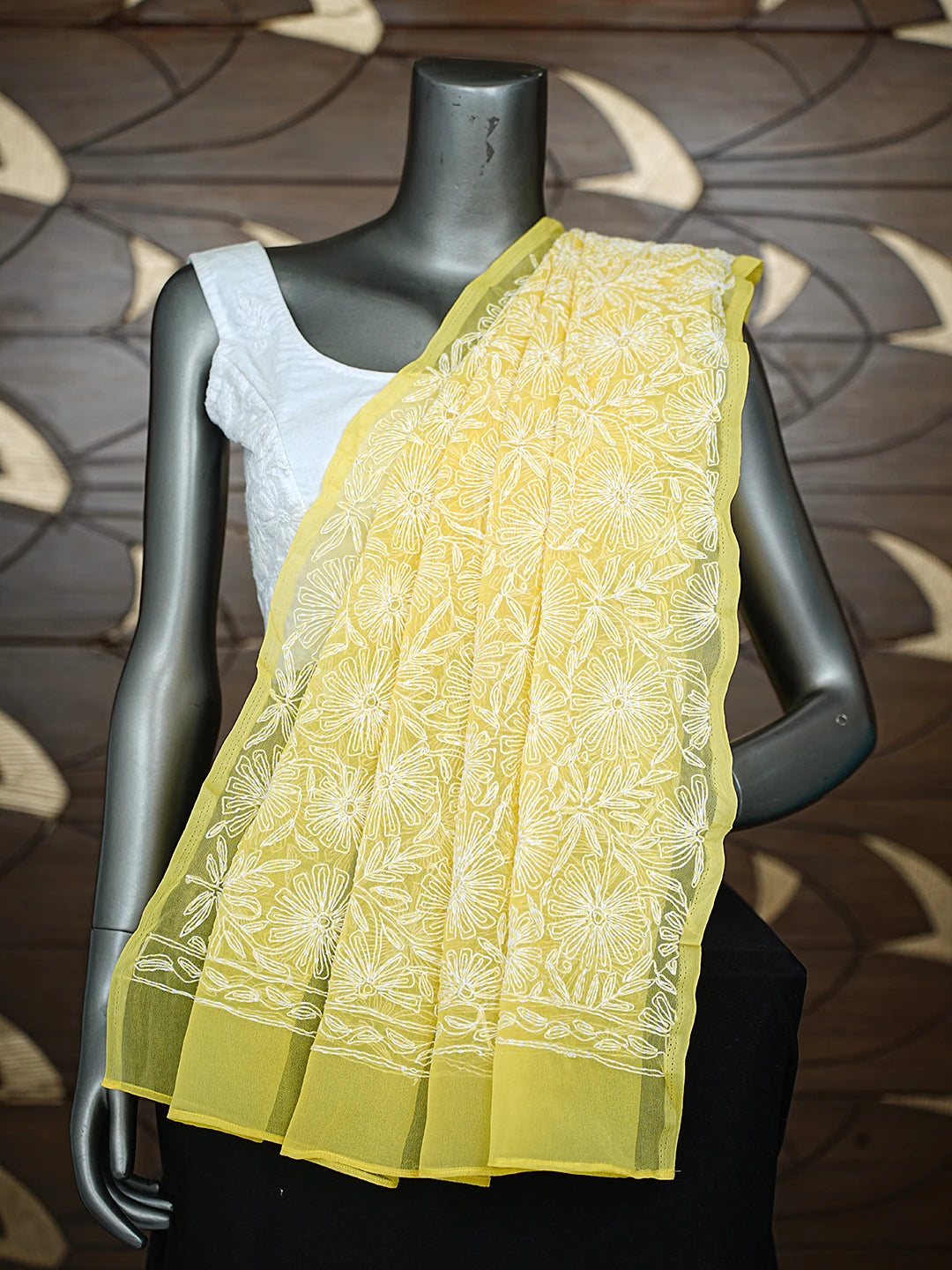 Ada Hand Embroidered Yellow Georgette Lucknowi Chikankari Dupatta 01A791221