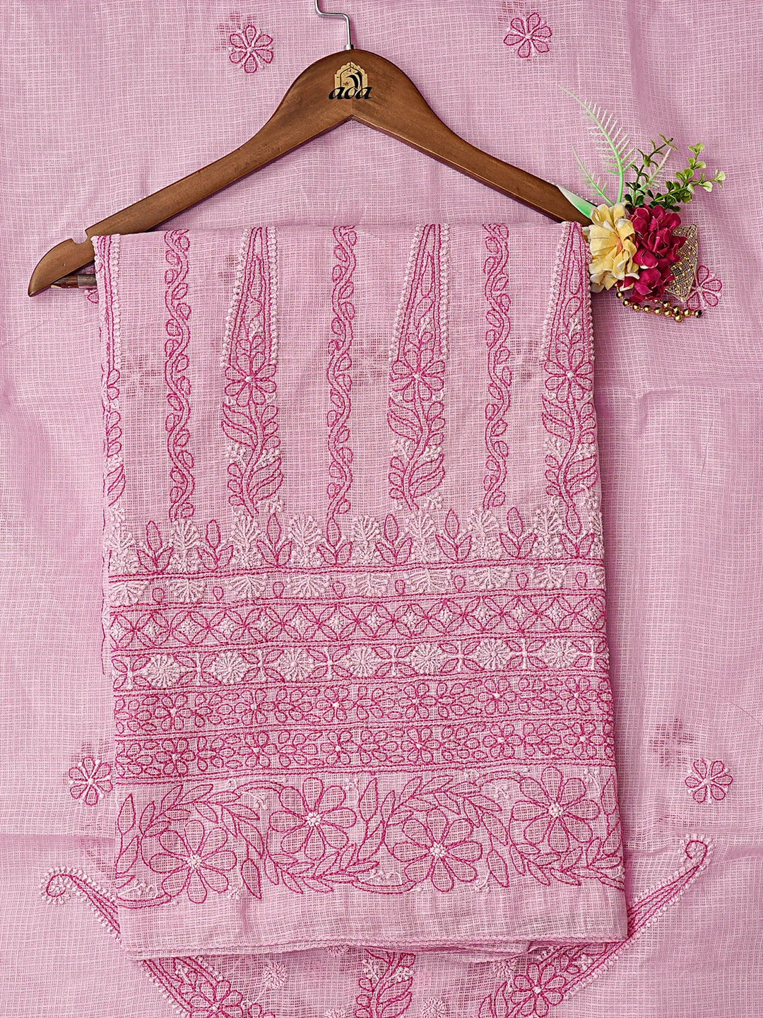 Ada Hand Embroidered Baker-Miller Pink Kota Lucknowi Chikankari Unstitched Kurta Dupatta Set 01A494577