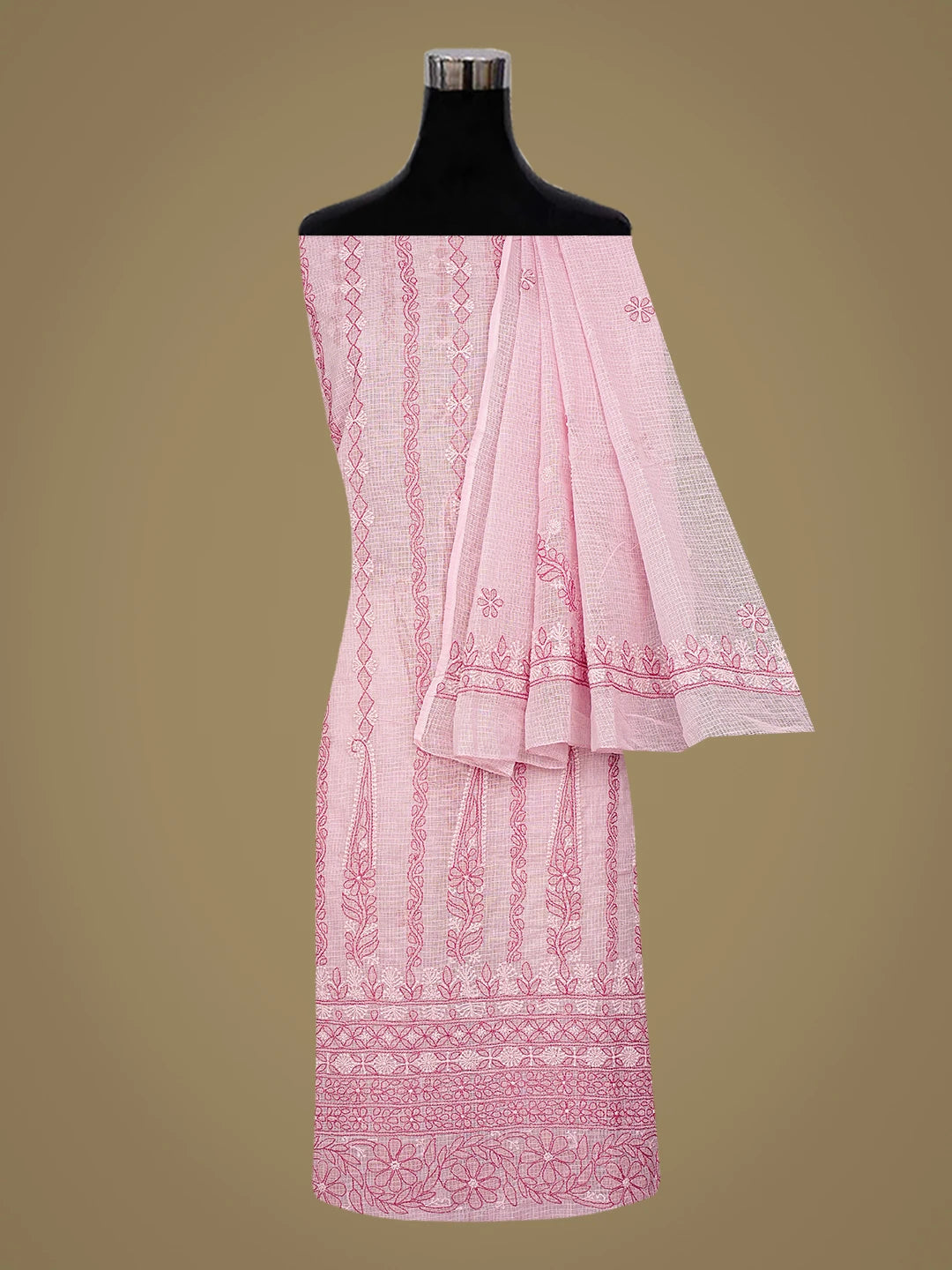 Ada Hand Embroidered Baker-Miller Pink Kota Lucknowi Chikankari Unstitched Kurta Dupatta Set 01A494577