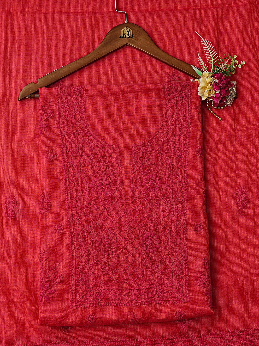Ada Hand Embroidered Carrot Pink Kota Lucknowi Chikankari Unstitched Kurta Dupatta Set 01A850093