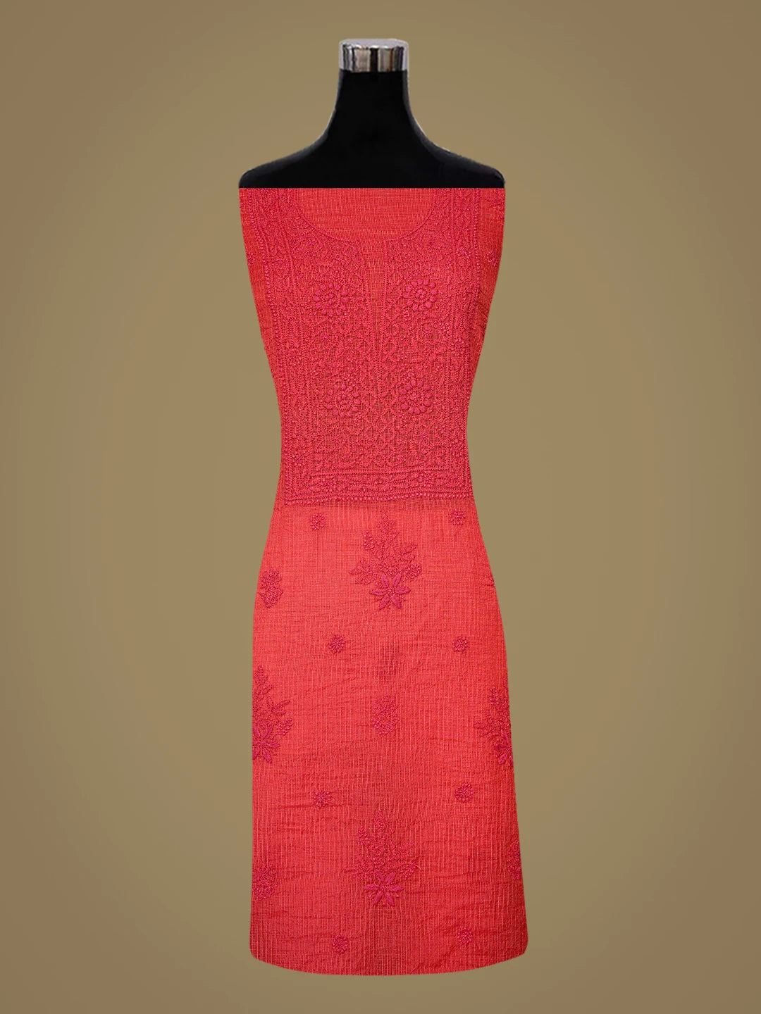 Ada Hand Embroidered Carrot Pink Kota Lucknowi Chikankari Unstitched Kurta Dupatta Set 01A850093
