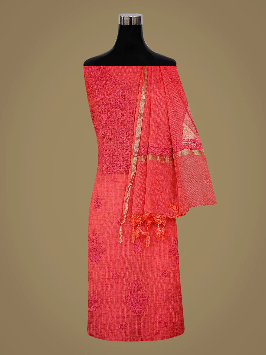 Ada Hand Embroidered Carrot Pink Kota Lucknowi Chikankari Unstitched Kurta Dupatta Set 01A850093