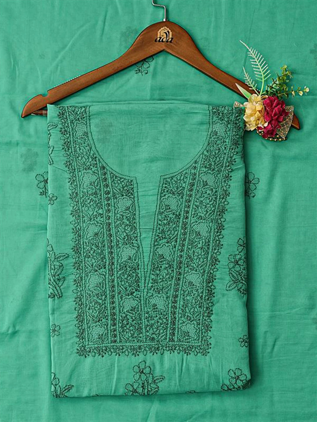 Ada Hand Embroidered Rama Green Cotton Lucknowi Chikankari Unstitched Kurta Dupatta Set 01A609951