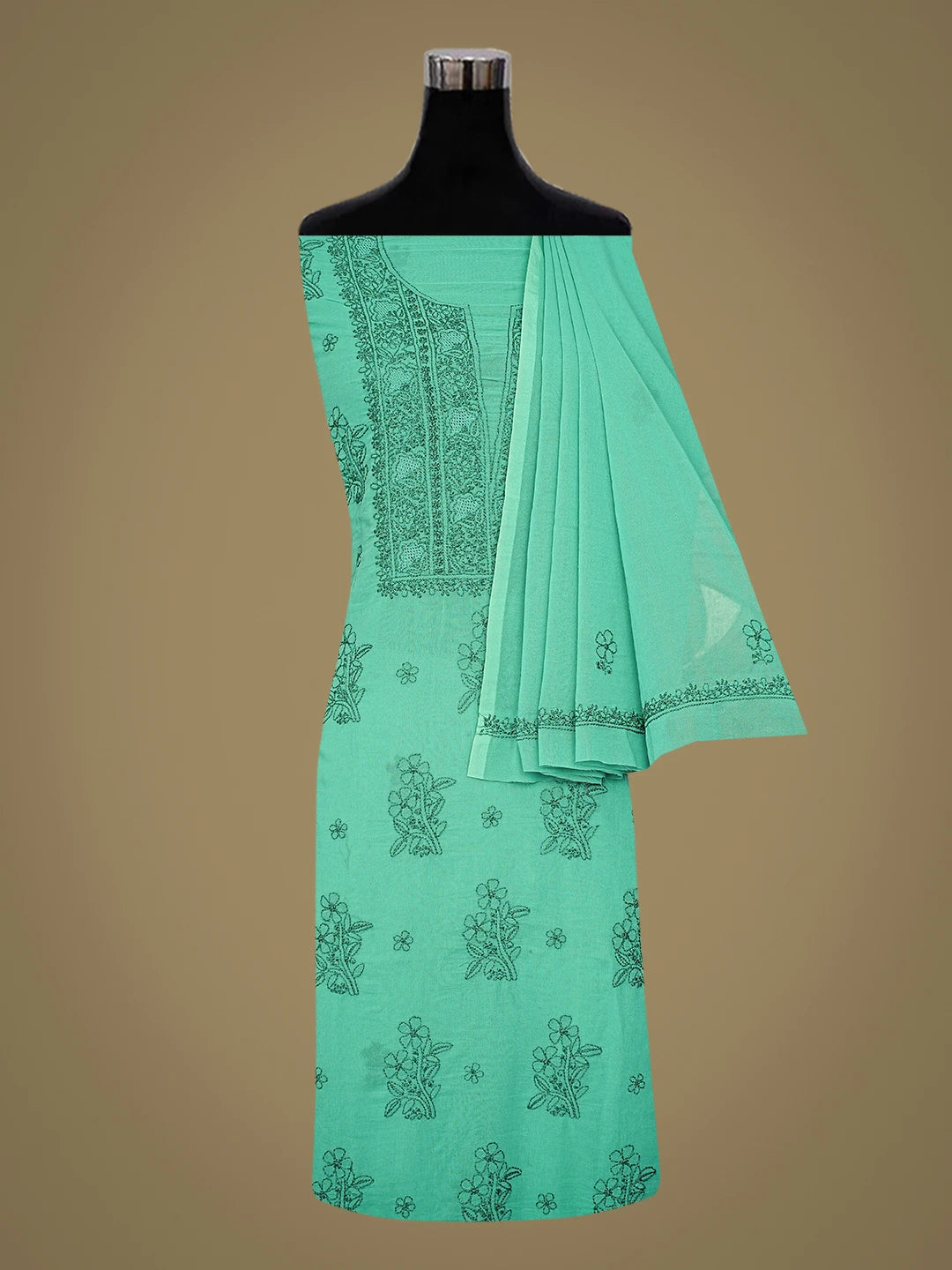 Ada Hand Embroidered Rama Green Cotton Lucknowi Chikankari Unstitched Kurta Dupatta Set 01A609951