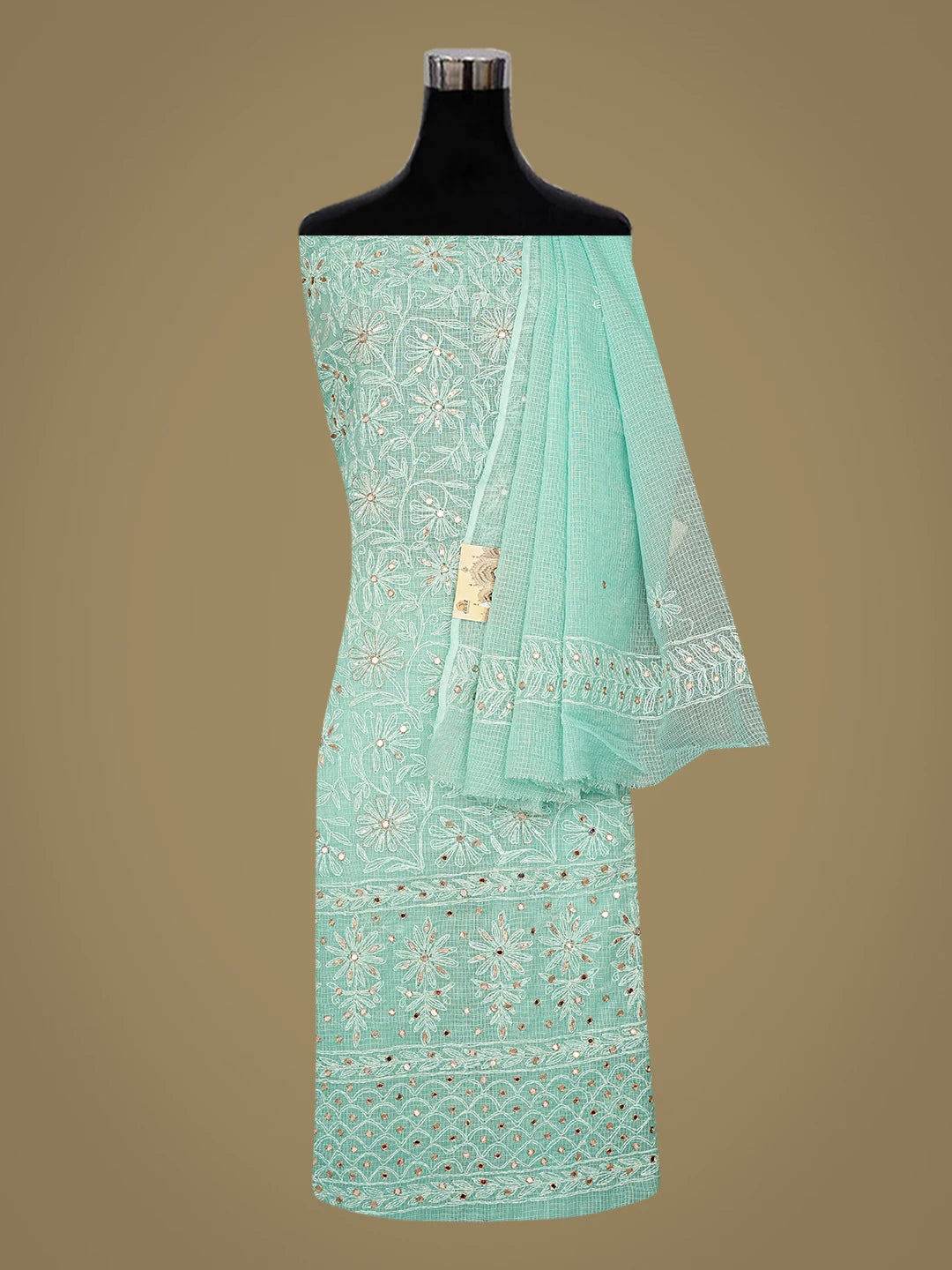 Ada Hand Embroidered Sea Green Kota Lucknowi Chikankari Unstitched Kurta Dupatta Set With Zari Work 01A751332